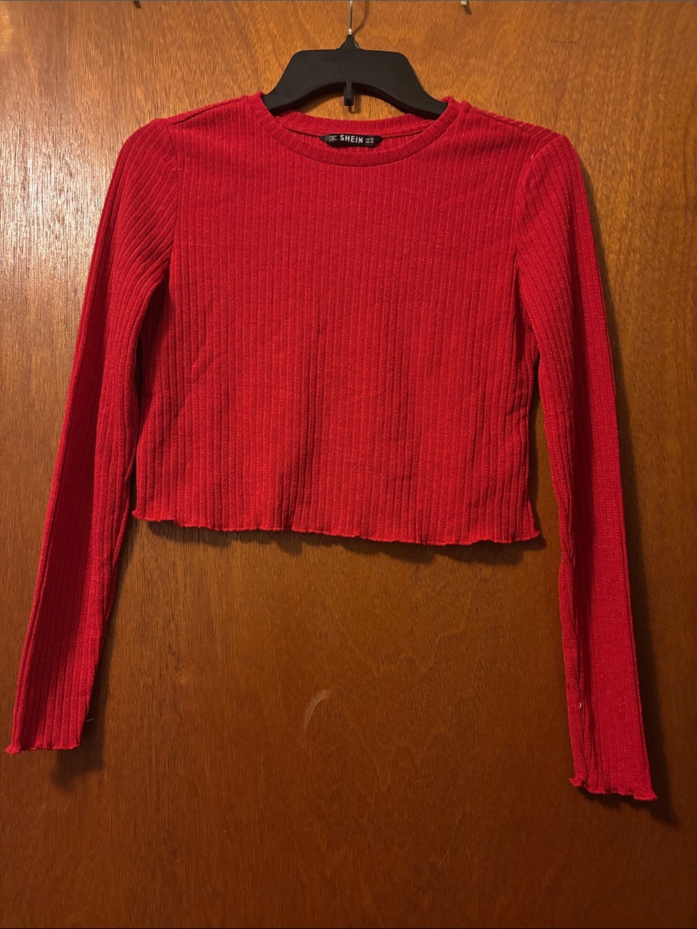 SHEIN Red Ribbed Long Sleeve Crop Top - Crew Neck